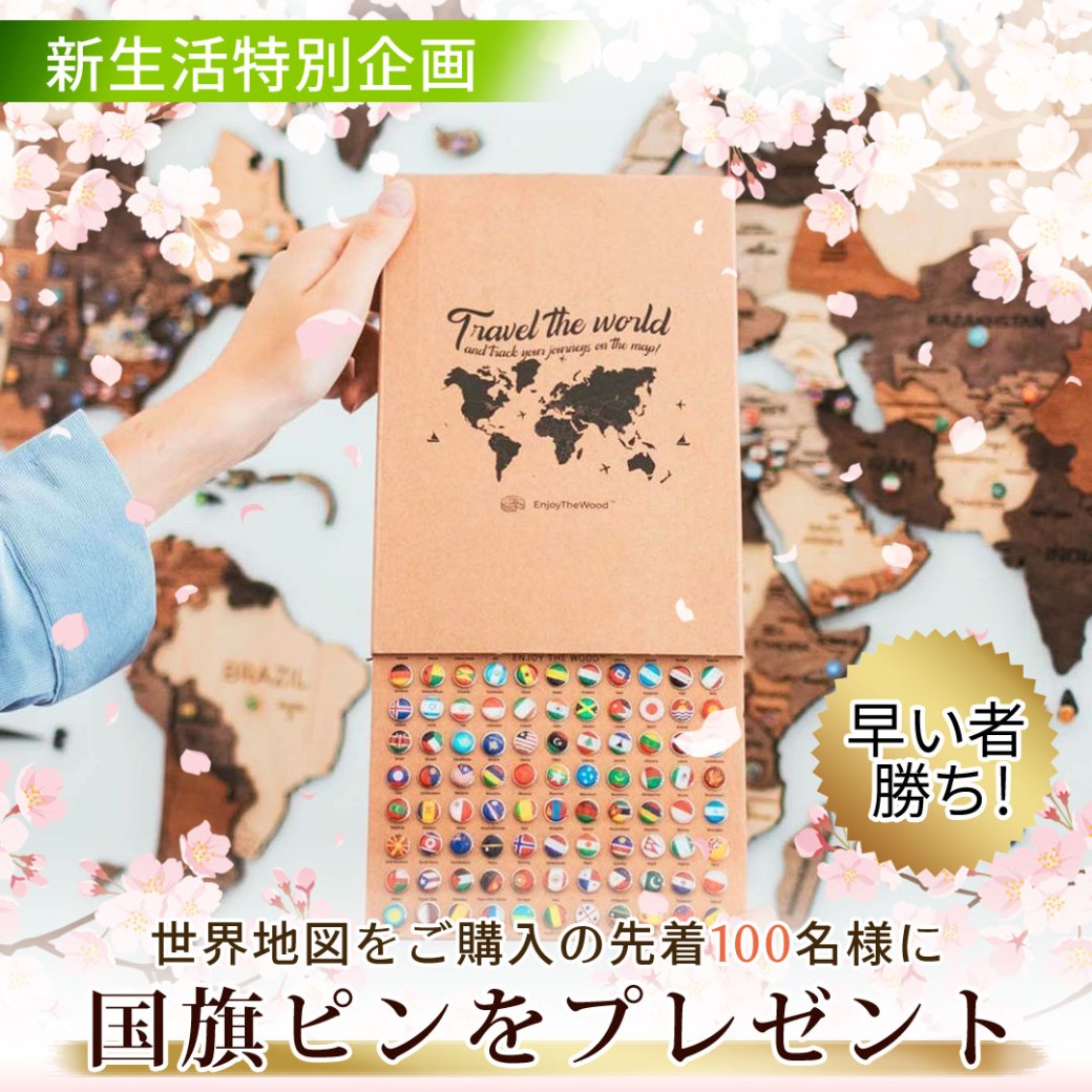 enjoy the wood 世界地図＋国旗ピン付き 大胆