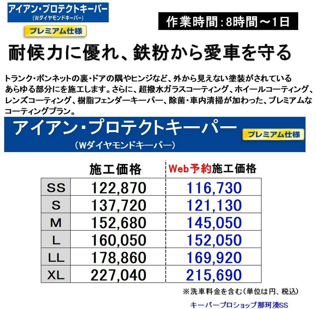 ひたちなか市のコーティング専門店キーパープロショップ那珂湊SSオリジナルのアイアン・プロテクトキーパープレミアム価格表"