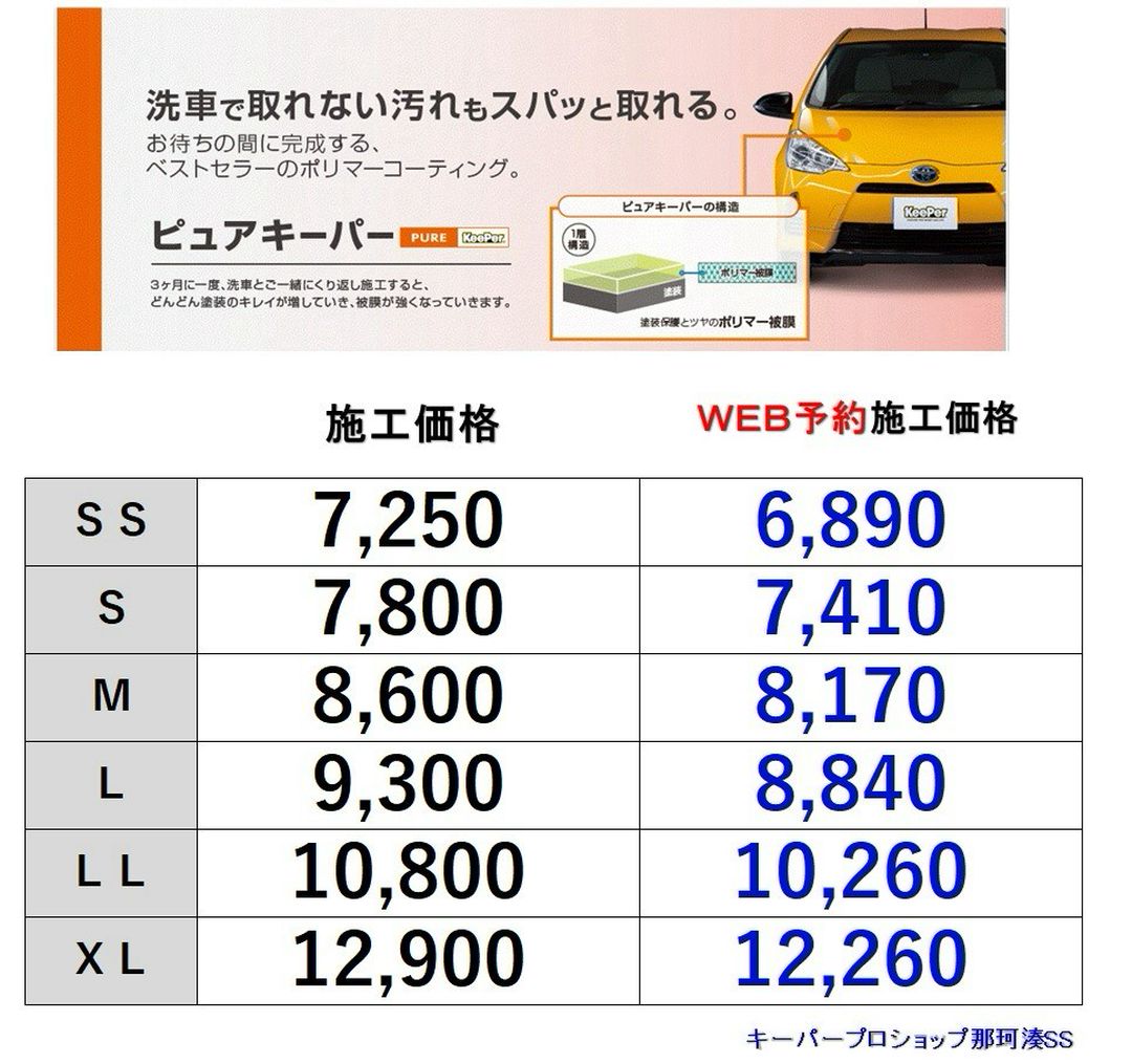 ピュアキーパーオリジナル価格表　茨城県　ひたちなか市　ポリマー仕上げ　キーパープロショップ那珂湊SS